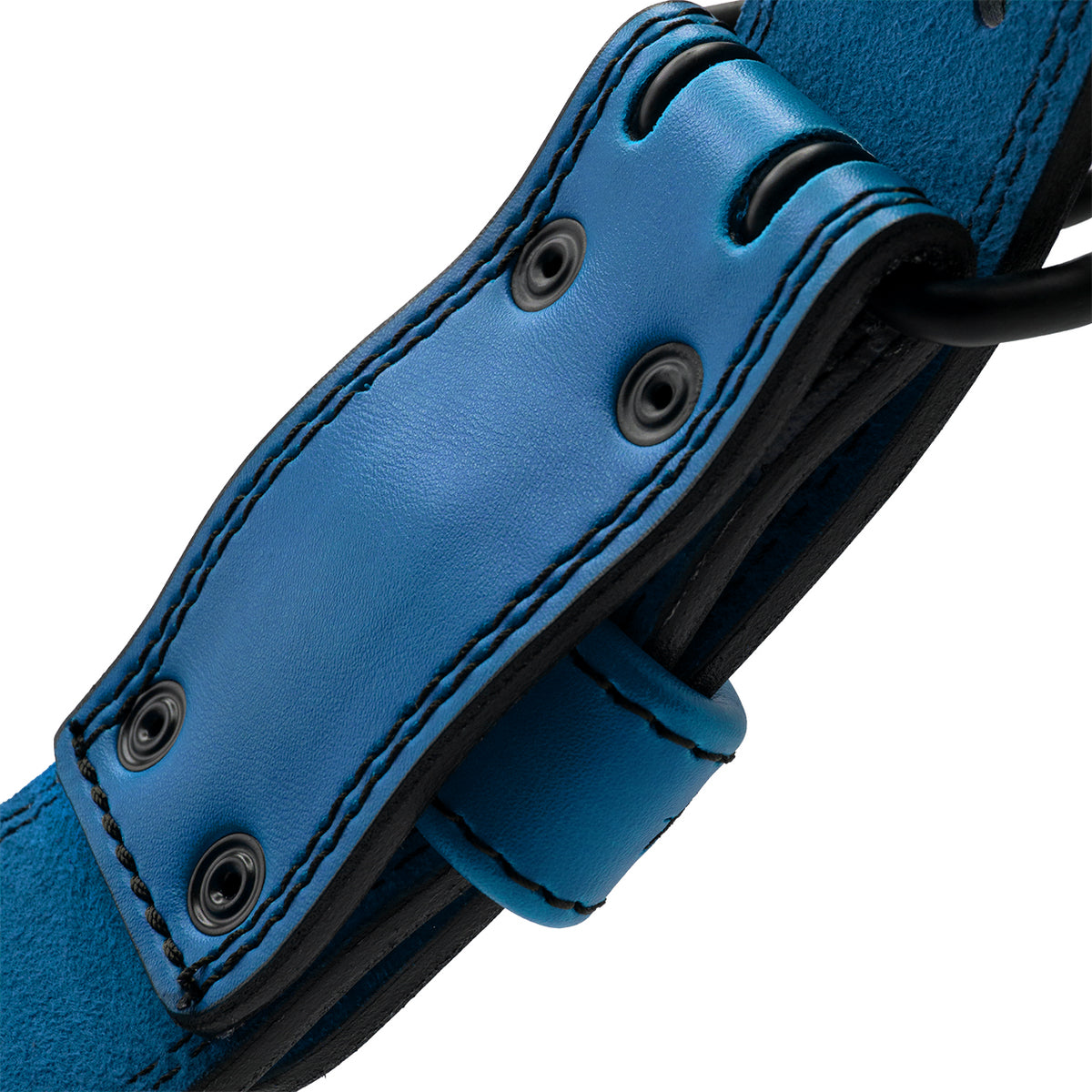 Leather weightlifting belt with black stitching and rivets.