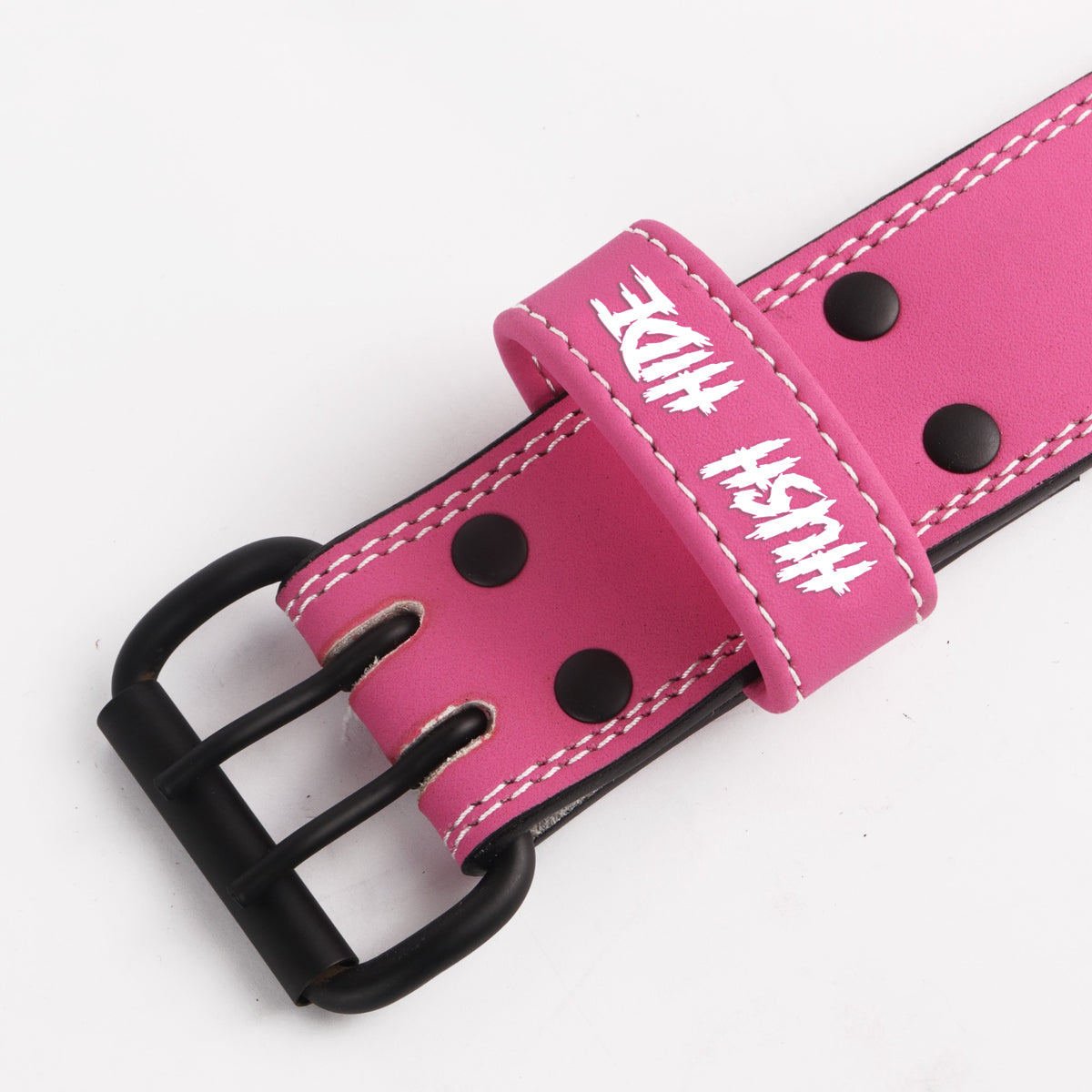 Pink leather weightlifting belt with white stitching