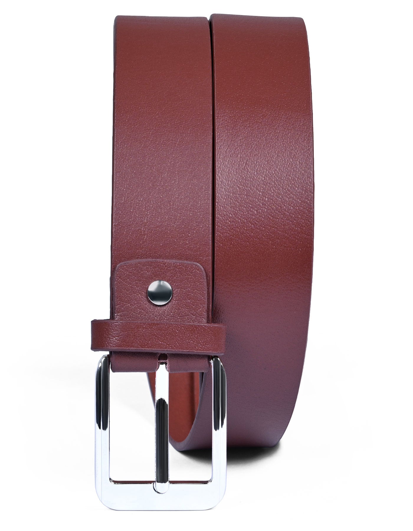 Brown leather belt with a silver buckle on a white background