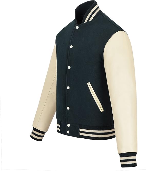 Green and white varsity letterman jacket