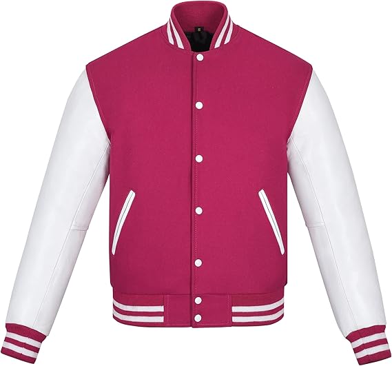 Pink & White Leather Sleeves Varsity Jacket