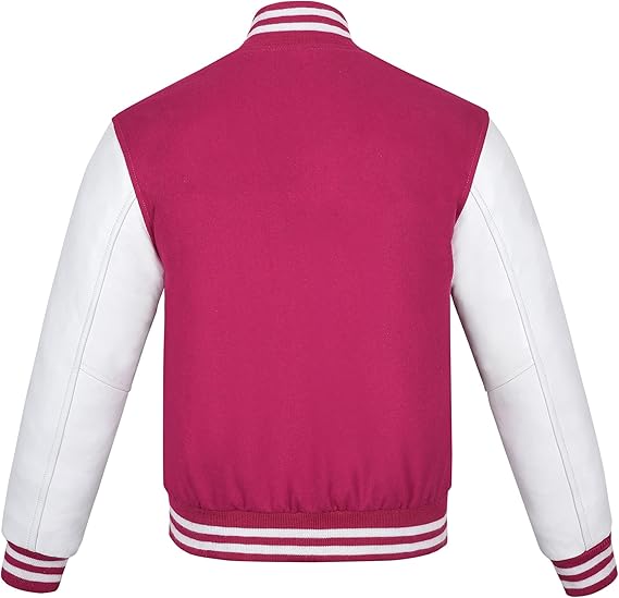 Pink & White Leather Sleeves Varsity Jacket