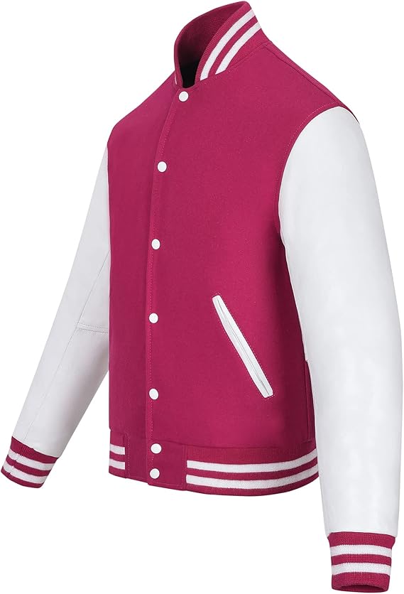 Pink & White Leather Sleeves Varsity Jacket