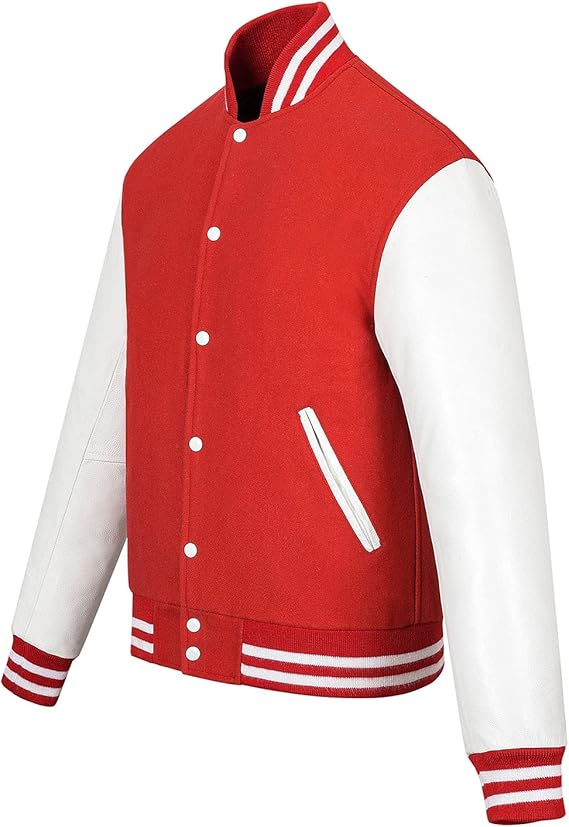 Varsity jacket with a red wool body and white leather sleeves, featuring a snap-button front, ribbed cuffs and hem, and a classic athletic design.