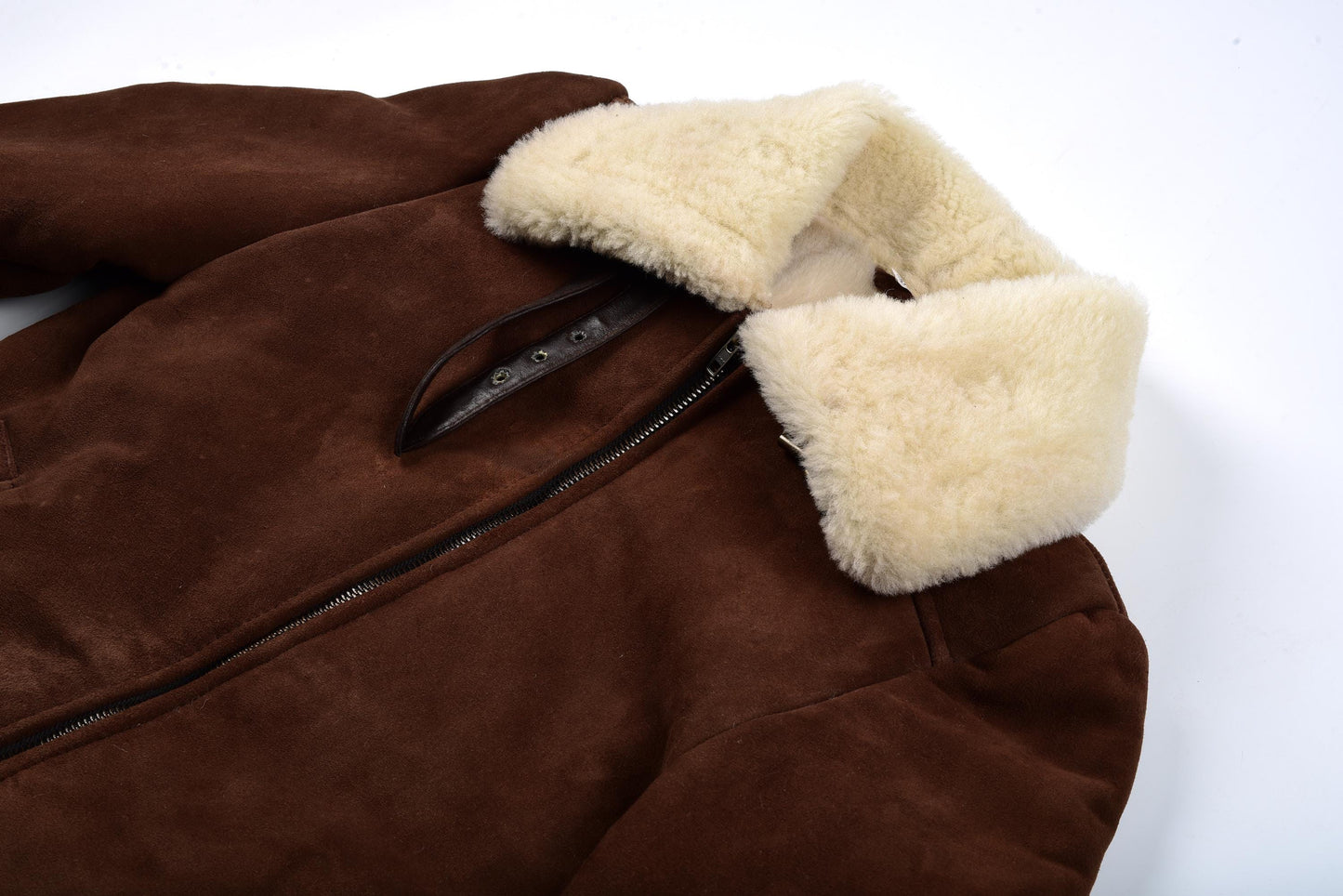 Men's RAF flight jacket made from premium sheepskin leather, featuring shearling lining, a high collar, front zipper closure, and classic aviator style.