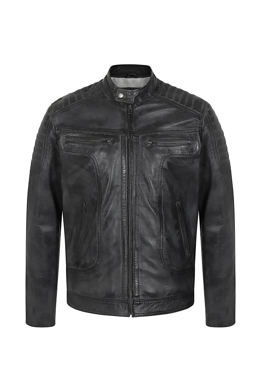 Men’s Grey Genuine Leather Biker Jacket