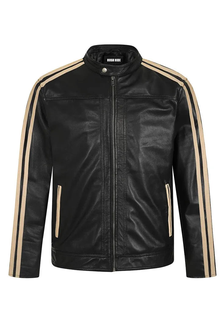 Men’s Racer Cream Striped Black Leather Jacket