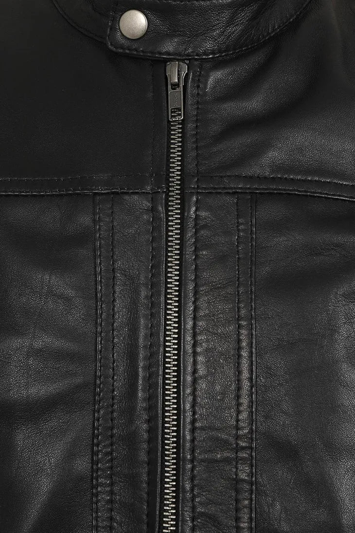 Men’s Racer Cream Striped Black Leather Jacket