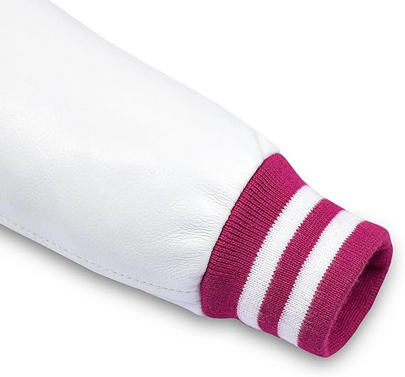 Pink & White Leather Sleeves Varsity Jacket