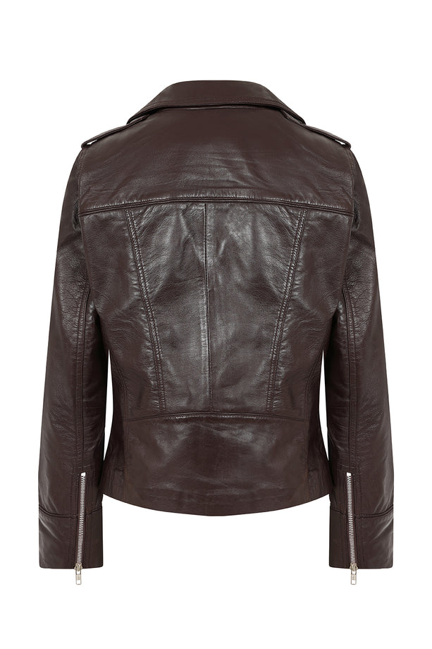 Women’s dark brown leather motorcycle jacket