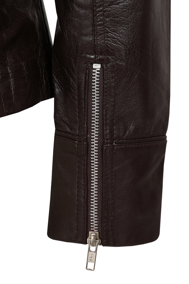 Women’s dark brown leather motorcycle jacket