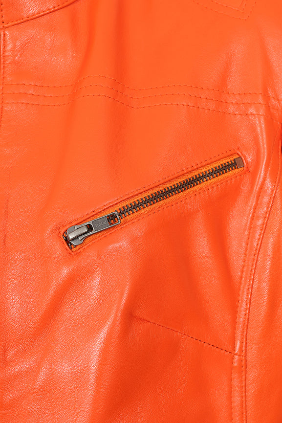 Women's Orange Leather Biker Jacket