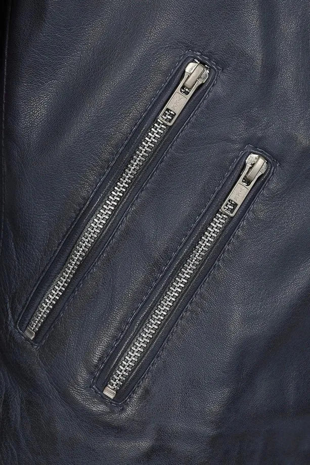 Women’s Navy Blue Leather Moto Jacket