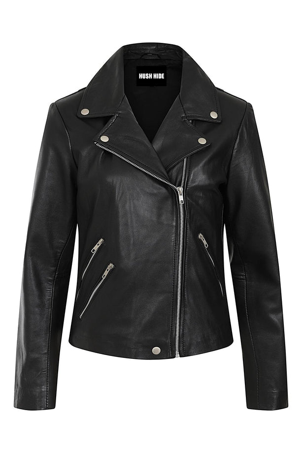 Women's black leather moto jacket