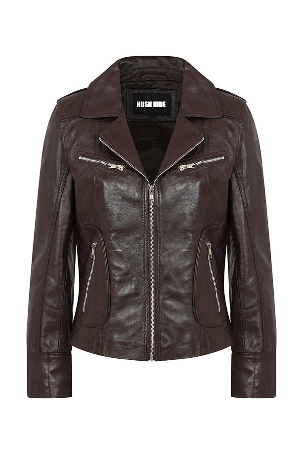 Women’s dark brown leather motorcycle jacket