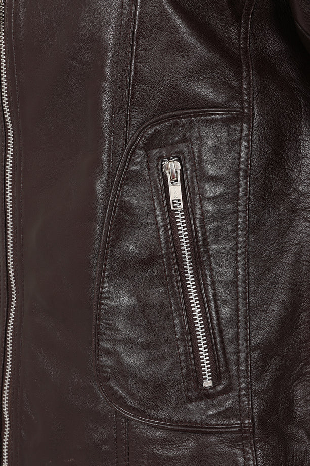 Women’s dark brown leather motorcycle jacket