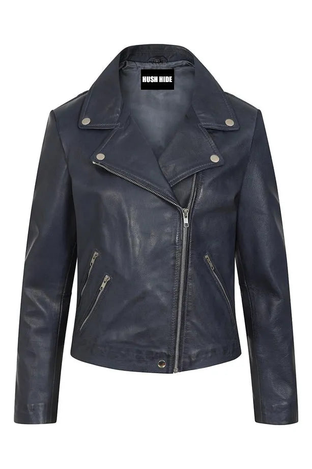 Women’s Navy Blue Leather Moto Jacket