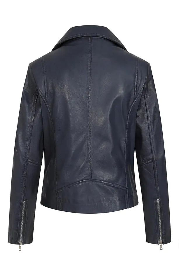 Women’s Navy Blue Leather Moto Jacket