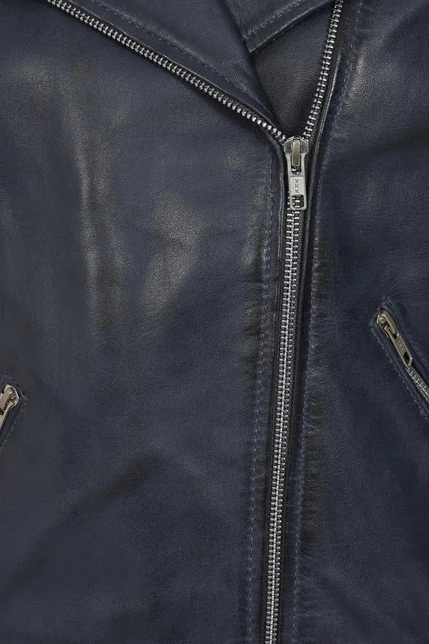 Women’s Navy Blue Leather Moto Jacket