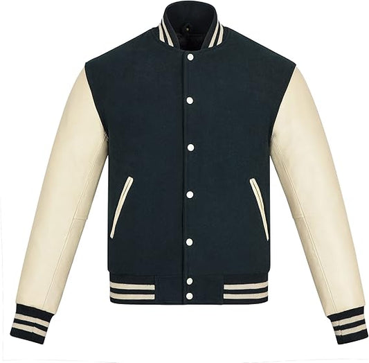 Green and white varsity letterman jacket 