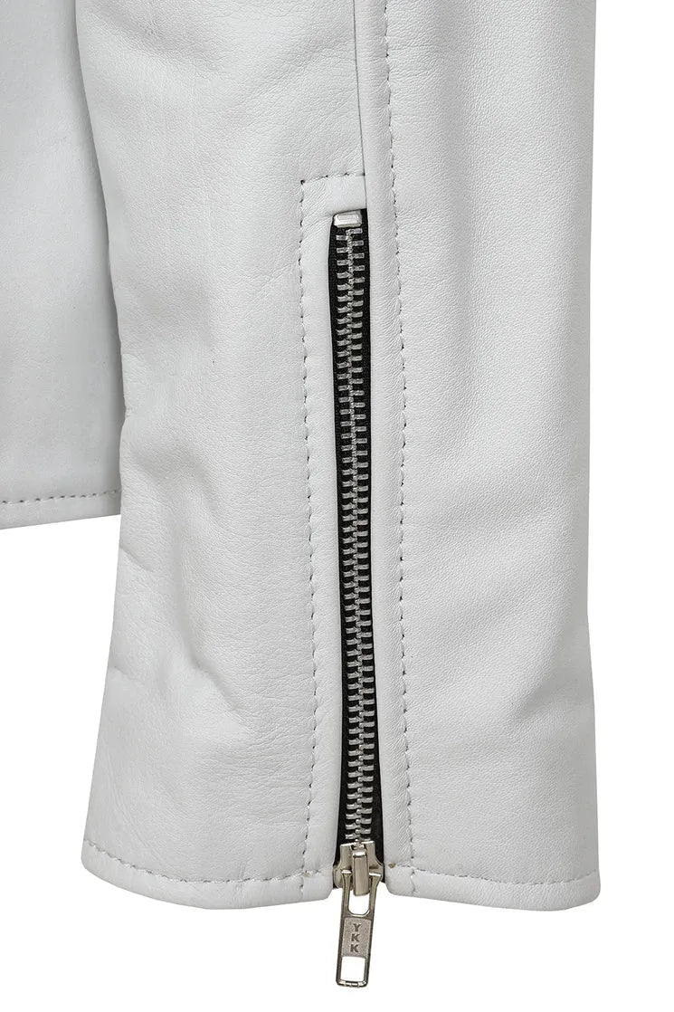 Men’s Crisp White Genuine Leather Biker Jacket
