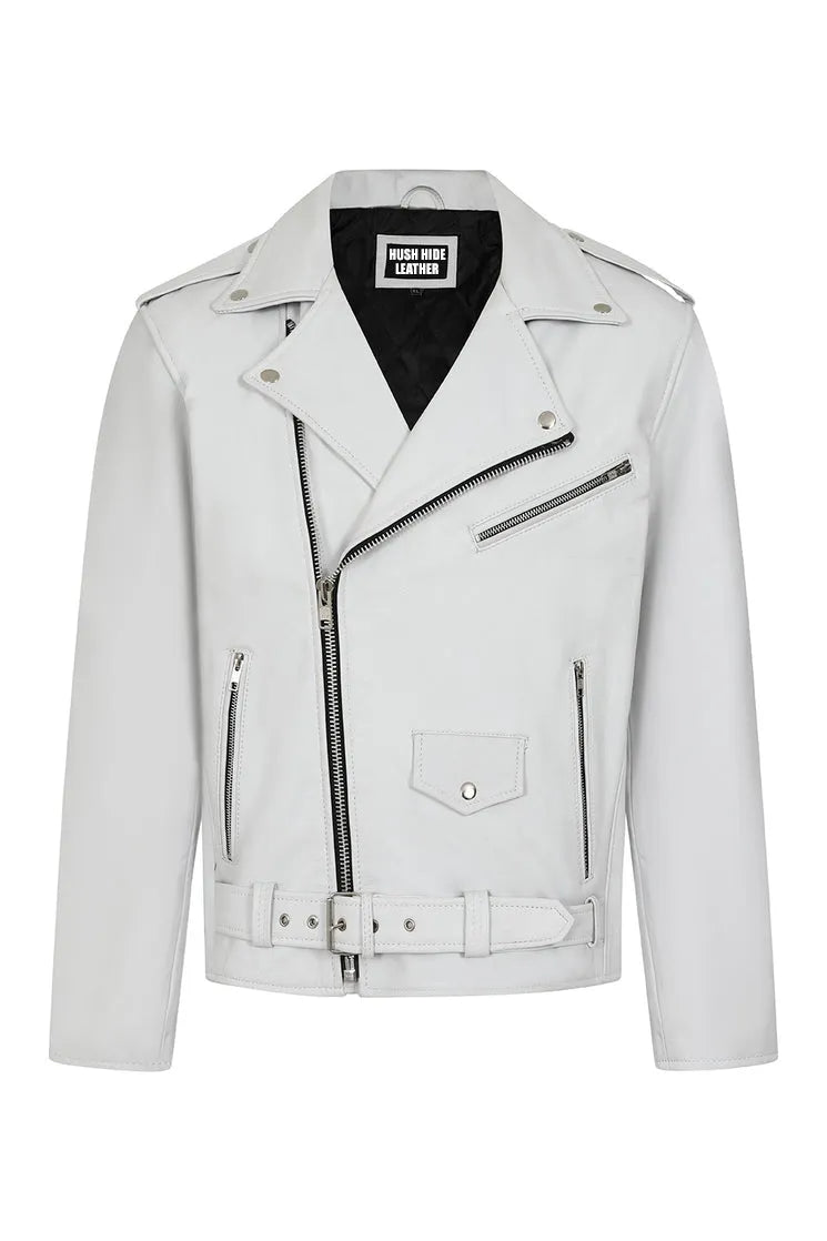 Men’s Crisp White Genuine Leather Biker Jacket