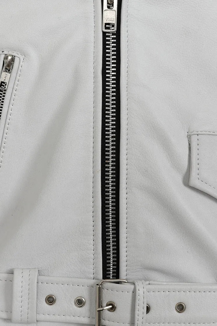 Men’s Crisp White Genuine Leather Biker Jacket