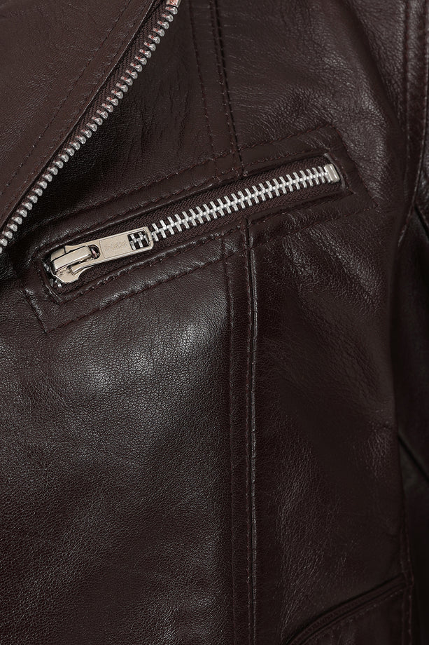 Women’s dark brown leather motorcycle jacket